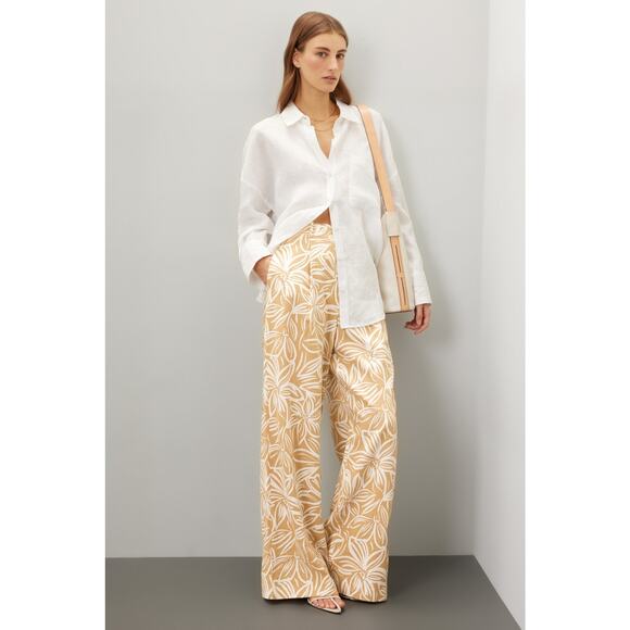 TOCCIN X RTR Pants - TOCCIN X RTR Brown Tan Floral Printed Wide-Leg Linen Blend Classic Trousers 6